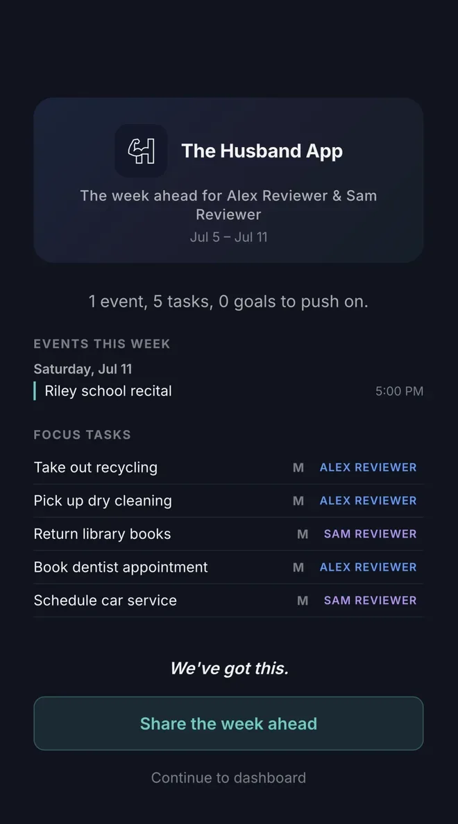 Weekly recap share card — the week's events and tasks in one image