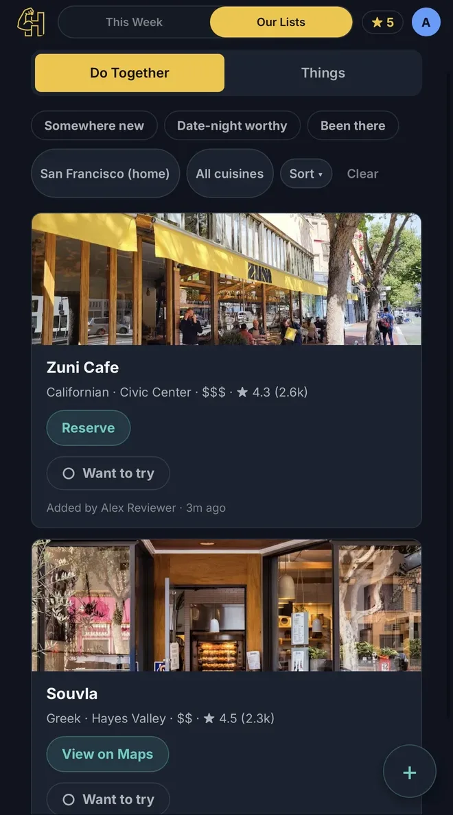 Do Together restaurant list with photos, ratings, and city filters